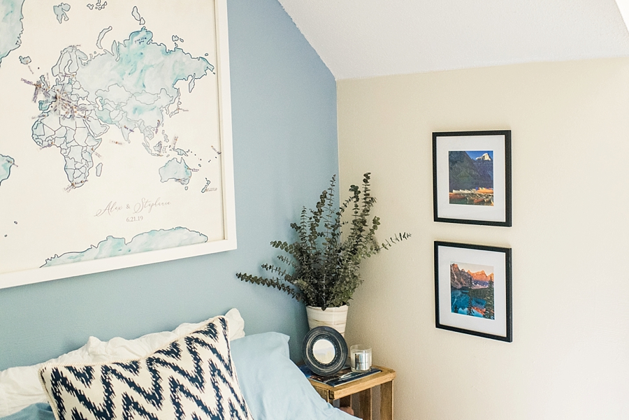 Why You Should Print Your Photos | Guest Bedroom with large map and wall prints