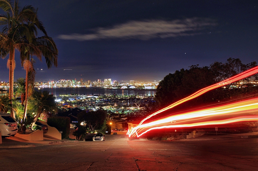 Alex Schloe | Travel Photography | San Diego Light Trails with City Skyline at Night